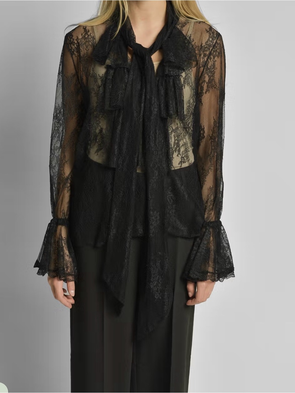 Zara Black Sheer Lace Tie-Neck Blouse